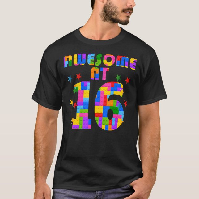 T-shirt 16e anniversaire Enfants 16 blocs de construction  (Devant)