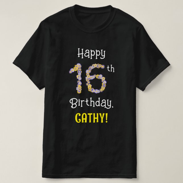 T-shirt 16e anniversaire : Fleurs florales Numéro "16" + N (Design devant)