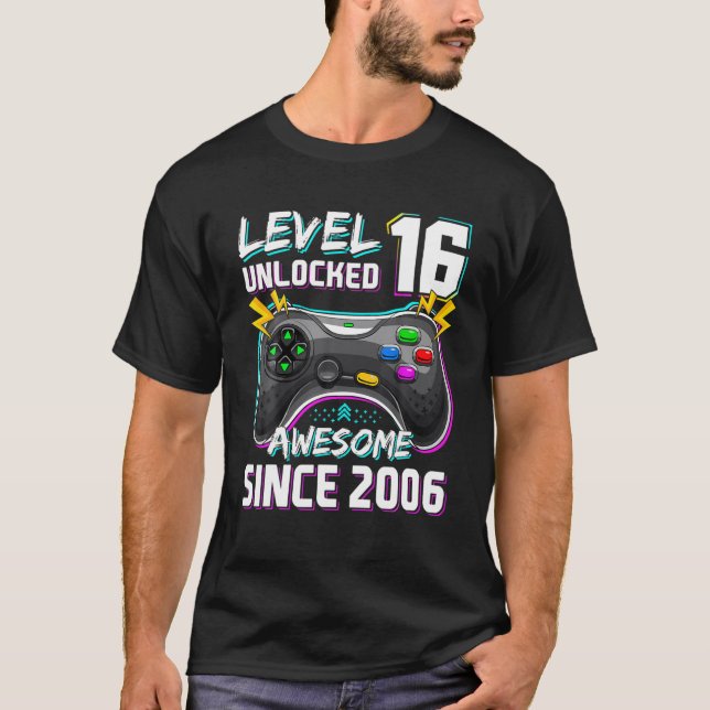 T-shirt 16E Anniversaire Garçon Niveau 16 Déverrouillé Awe (Devant)