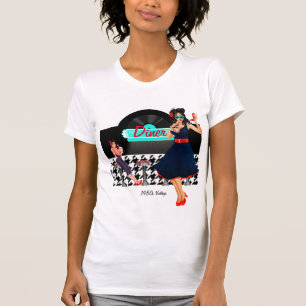 T-shirt 1950 Diner turquoise noir & blanc à damiers rétro