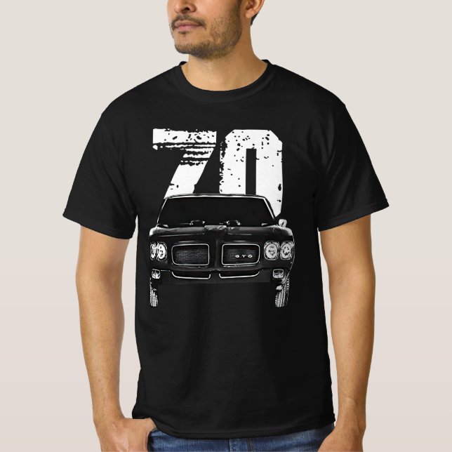T-shirt 1970 Pontiac GTO vue sur le grill avant avec année (Devant)