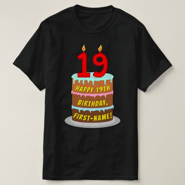 T-shirt 19e anniversaire — Fun Cake & Candles, avec nom pe (Design devant)
