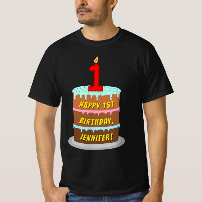 T-shirt 1er anniversaire — Fun Cake & Candle, avec nom per (Devant)