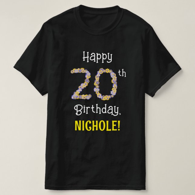 T-shirt 20e anniversaire : Fleurs florales Numéro "20" + N (Design devant)