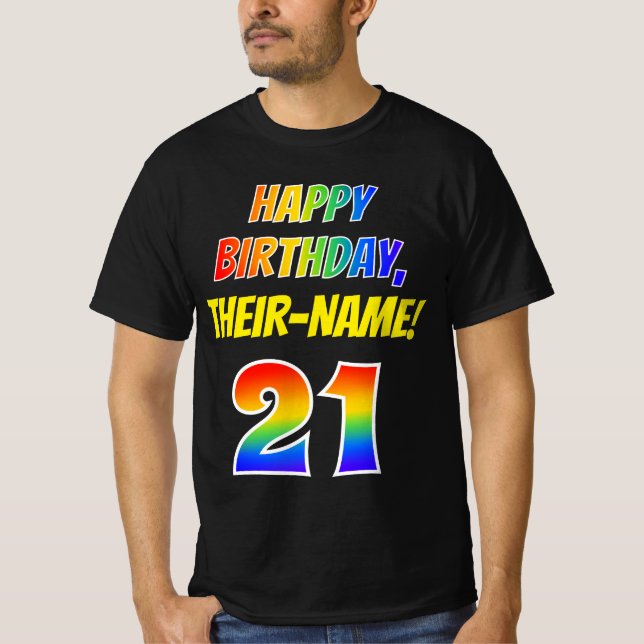 T-shirt 21e anniversaire — Bold, Fun, Rainbow 21, Nom pers (Devant)