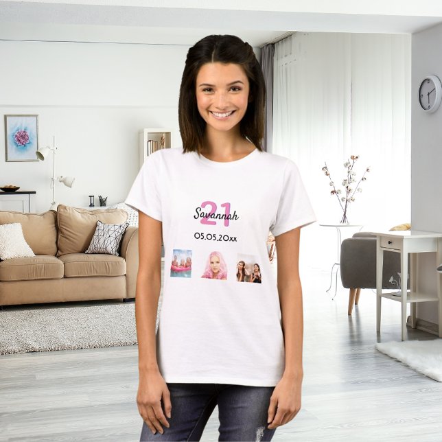 T-shirt 21e anniversaire sur mesure photo rose monogramme  (Créateur téléchargé)