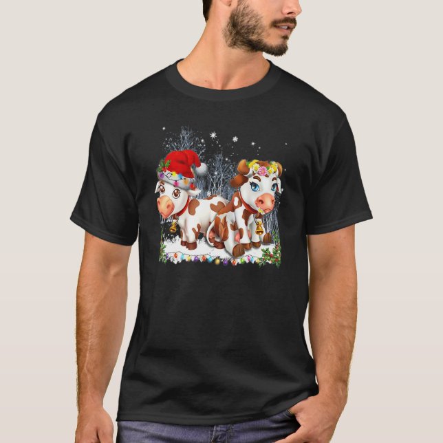 T-shirt 2 Cows Christmas Light Xmas Forest Tree Snow (Devant)