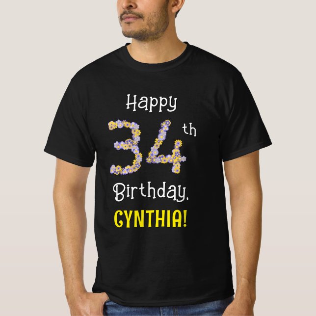 T-shirt 34e anniversaire : Fleurs florales Numéro "34" + N (Devant)