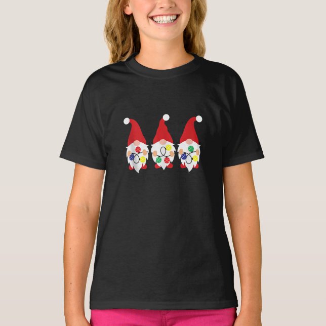 T-shirt 3 Christmas Gnome With Pickleball Christmas Lights (Devant)