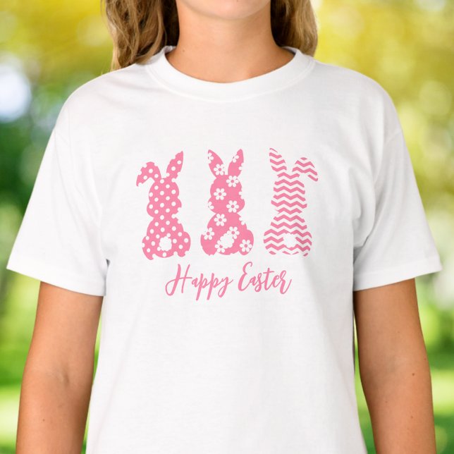 T-shirt 3 lapins de lapin rose et blanc | Bonne Pâques (Créateur téléchargé)