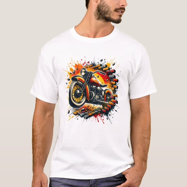 T-shirt 3D Motorcycle Hole in a Brick Wall (Devant)
