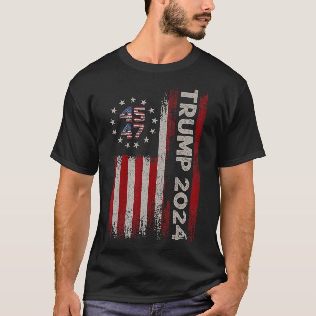 T-shirt 47 Trump 2024 Drapeau américain (sur le dos) 1 (Devant)