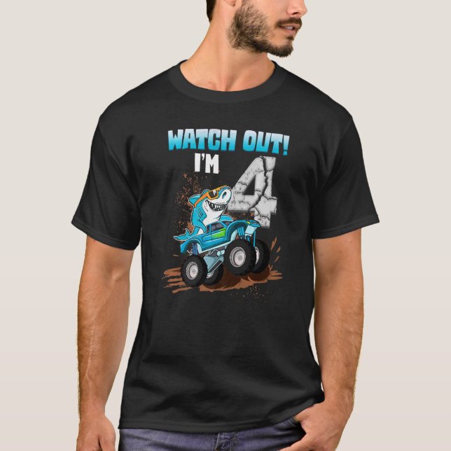 T-shirt 4 Ans 4Anniversaire Shark Boy Girl Monster Tr (Devant)