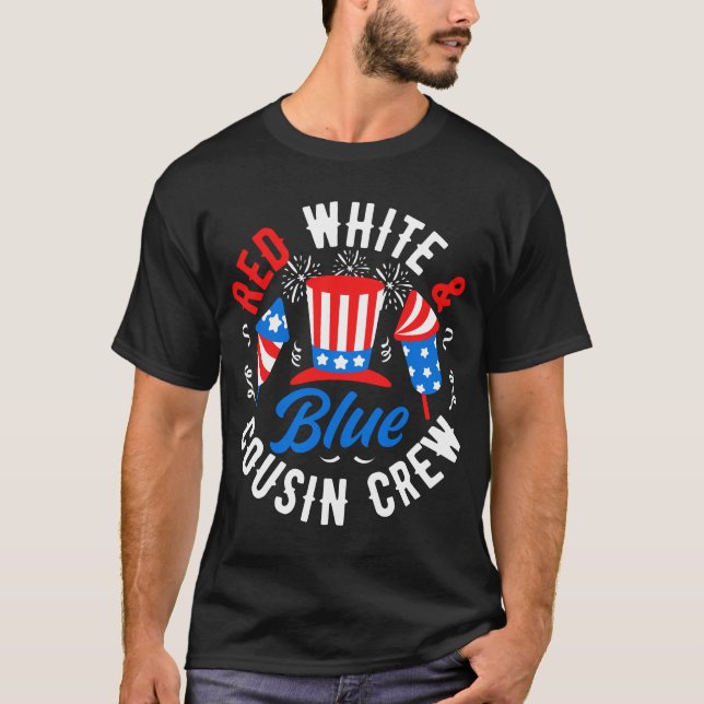 T-shirt 4 juillet d'équipage blanc et bleu Cousin (Devant)