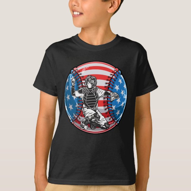T-shirt 4 juillet Joueur de baseball USA Softball Catcher (Devant)