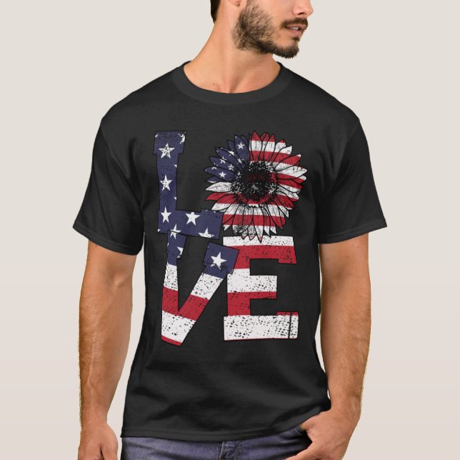 T-shirt 4 juillet Love Sunflower Patriotique drapeau améri (Devant)
