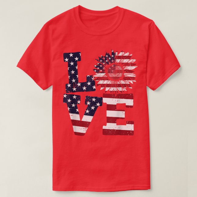 T-shirt 4 juillet USA Love Sunflower Patriotique Américain (Design devant)