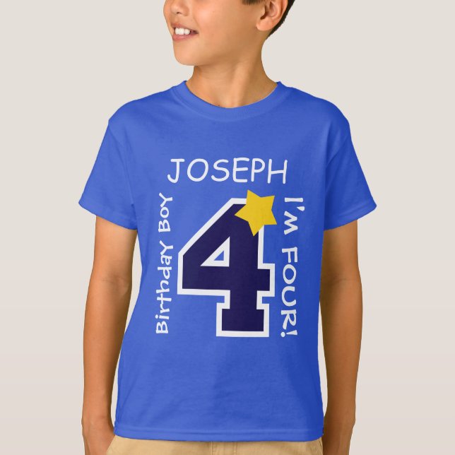 T-shirt 4ème BLEU de garçon d'anniversaire un nom fait sur (Devant)