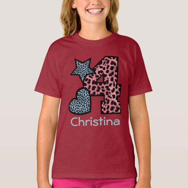 T-shirt 4ème LÉOPARD de fille d'anniversaire V44G 4 an (Devant)