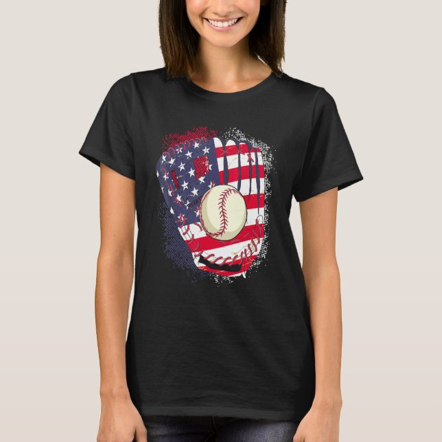 T-shirt 4th Of July Catcher Baseball Player US Flag Sport  (Devant)