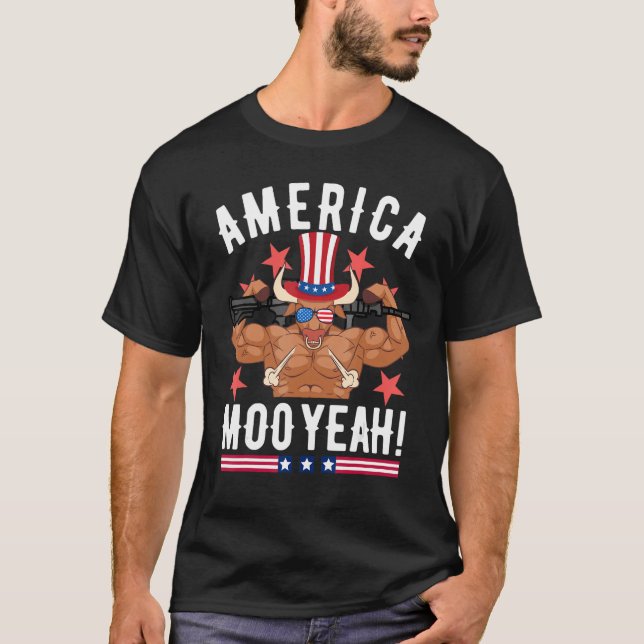 T-shirt 4th Of July Cow  Moo Yeah Sun Glasses Patriotic (Devant)