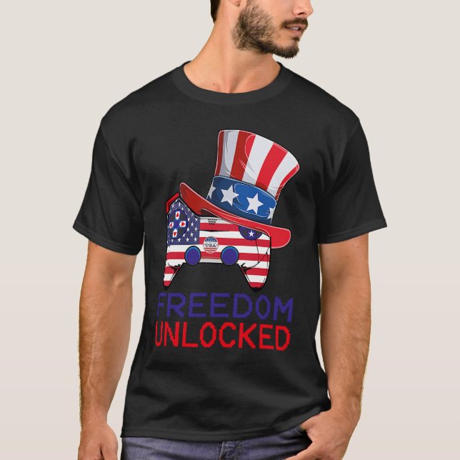 T-shirt 4th Of July Freedom Unlocked Video Game Gamer USA  (Devant)