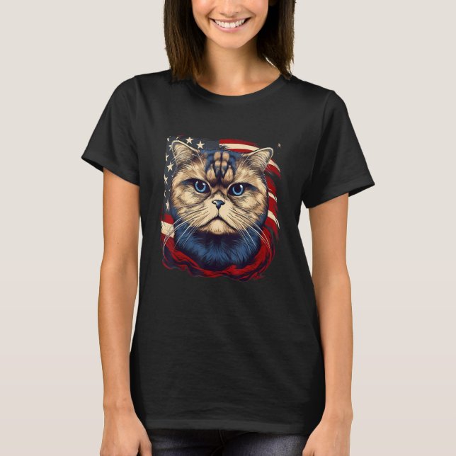 T-shirt 4th Of July US Flag Scottish Fold Cat (Devant)