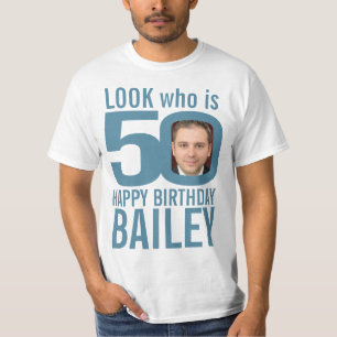 T-shirt 50e anniversaire bleu gris look 50 nom photo perso