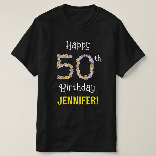 T-shirt 50e anniversaire : Floral Flowers Numéro "50" + No (Design devant)