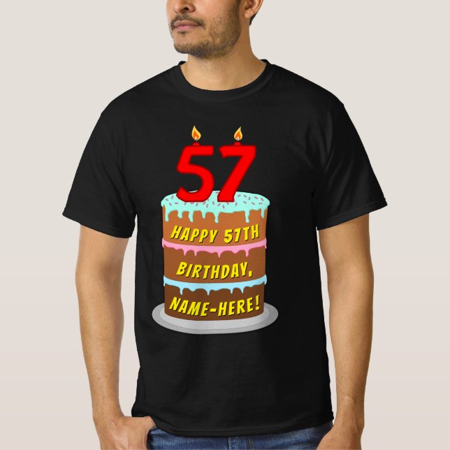 T-shirt 57e anniversaire — Fun Cake & Candles, avec nom pe (Devant)