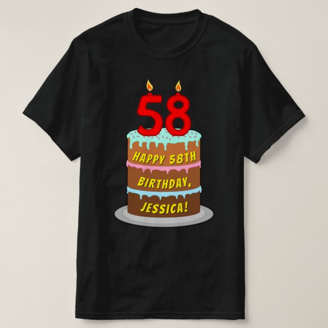T-shirt 58e anniversaire — Fun Cake & Candles, avec nom pe (Design devant)