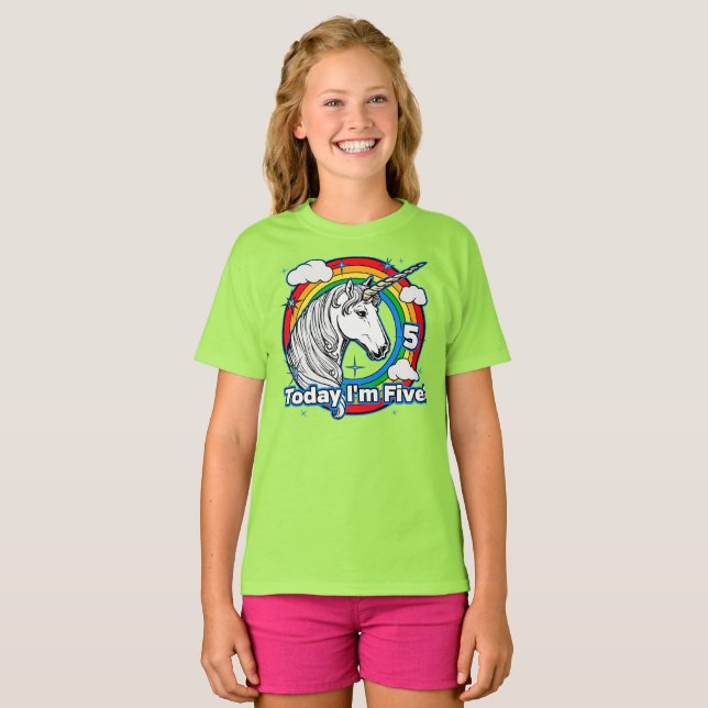 T-shirt 5e anniversaire de l'enfant Rainbow Unicorn Aujour (Devant entier)