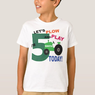 T-shirt 5e anniversaire - tracteur vert labourer et jouer