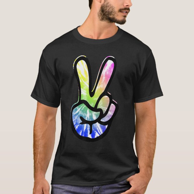 T-shirt 60s 70s Tie Dye Peace Hand Sign   Hippie (Devant)