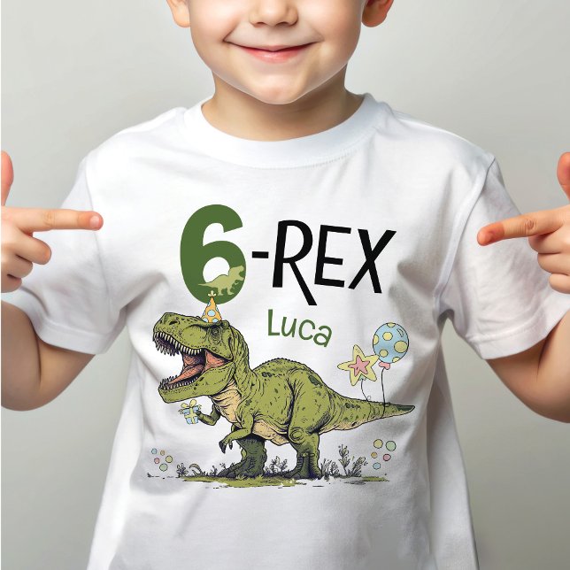 T-shirt 6-Rex Cute Dinosaur Theme 6th Birthday Party Name  (Cute funny Jurassic dinosaur theme green roar T-Rex dino cartoon 6-rex 6th birthday party t-shirt)