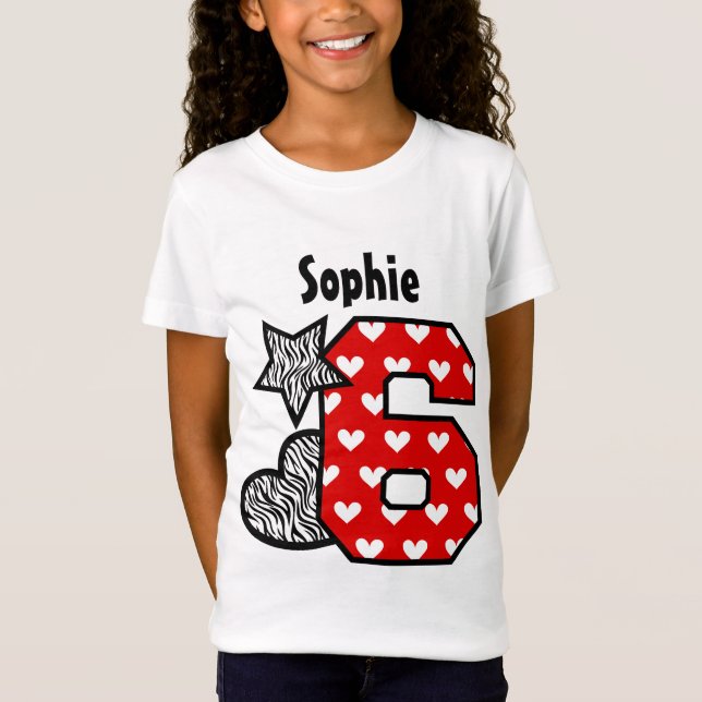 T-Shirt 6ème Coeurs rouges de zèbre d'anniversaire six (Devant)
