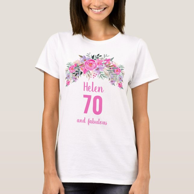T-shirt 70e anniversaire nom floral rose (Devant)