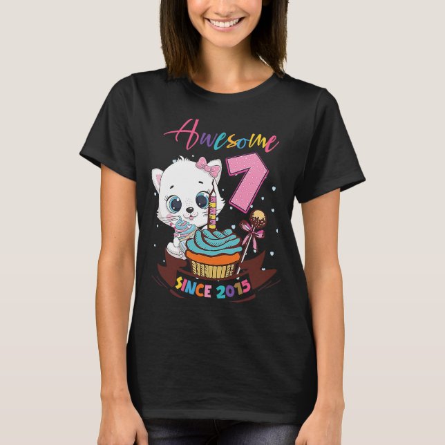 T-shirt 7 Ans 7e Anniversaire Filles mignonnes Chat Awesom (Devant)