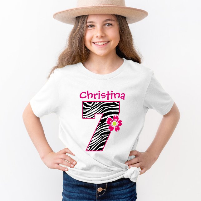 T-Shirt 7e anniversaire fille rose chaud et noir modèle Ze (Créateur téléchargé)