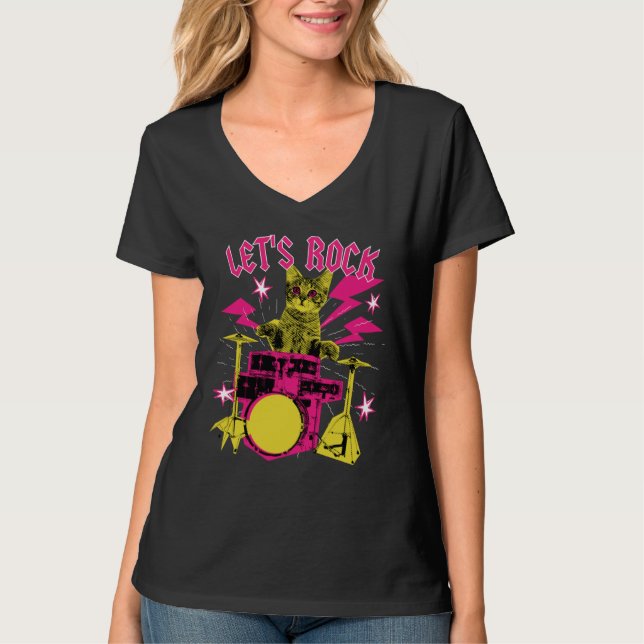 T-shirt 80s Rock N Roll Girl Cat Let's Rock (Devant)