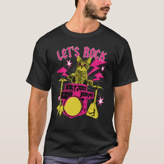 T-shirt 80s Rock N Roll Girl Cat Let's Rock (Devant)
