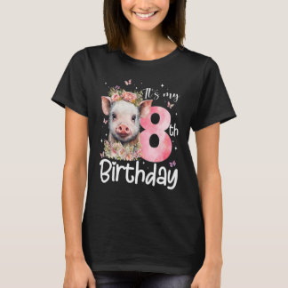 T-shirt 8 Anniversaire Filles Cochon Couronne Florale 8 An