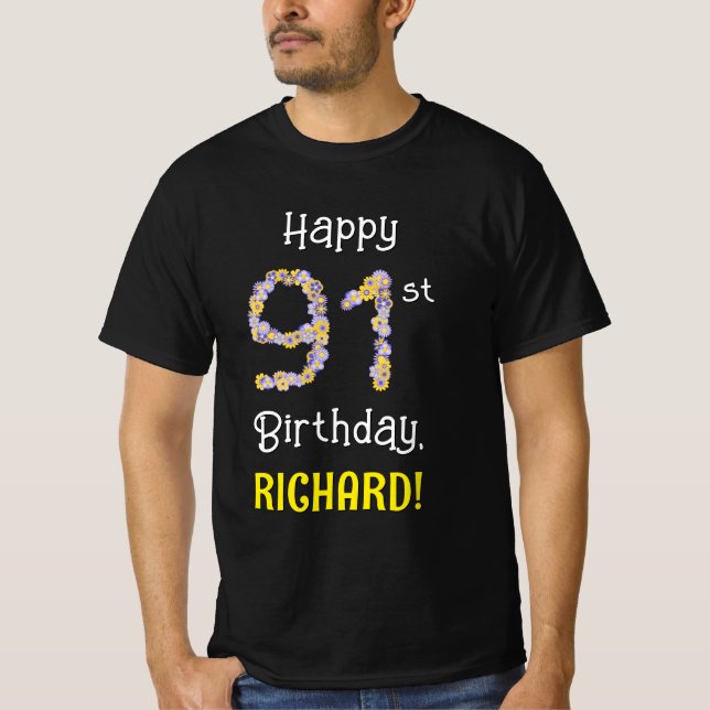 T-shirt 91e anniversaire : Fleurs florales Numéro "91" + N (Devant)