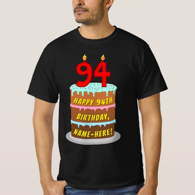 T-shirt 94e anniversaire — Fun Cake & Candles, avec nom pe (Devant)