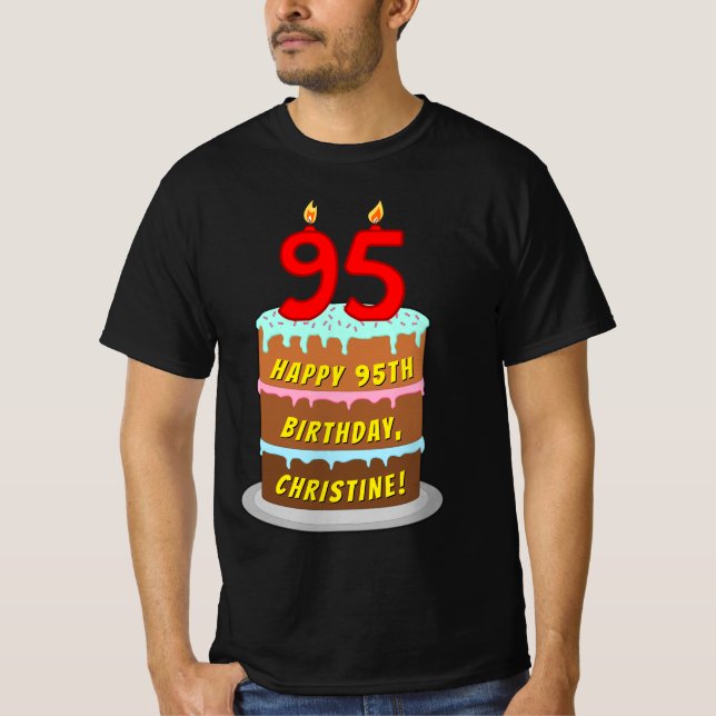T-shirt 95e anniversaire — Fun Cake & Candles, avec nom pe (Devant)