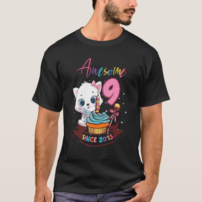 T-shirt 9 Ans 9e Anniversaire Filles mignonne Chat Awesome (Devant)
