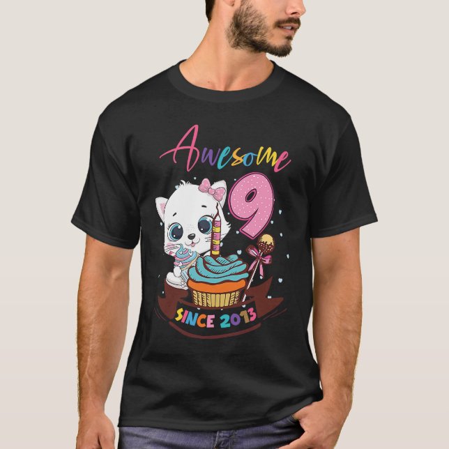 T-shirt 9 Ans 9e Anniversaire Filles mignonne Chat Awesome (Devant)