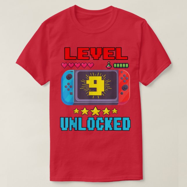 T-shirt 9e anniversaire Garçon niveau 9 vidéo déverrouillé (Design devant)
