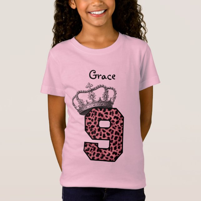 T-Shirt 9e anniversaire Princesse Crown et léopard rose V0 (Devant)