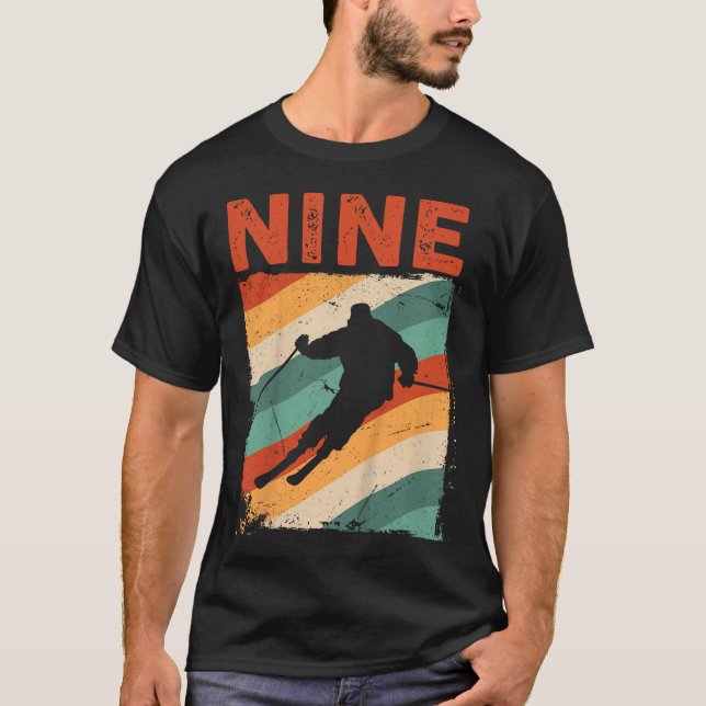 T-shirt 9e Anniversaire Retro Ski Ski 9 ans Garçons Fille (Devant)